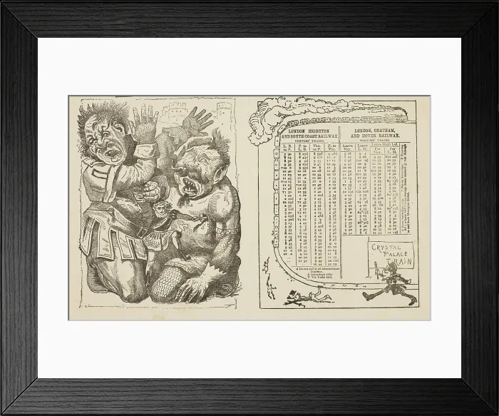 Framed Print : Train timetable and scene from the Crystal Palace pantomime, mid-late19th century. Creator: Unknown Framed Print : Train timetable and scene from the Crystal Palace pantomime, mid-late19th century. Creator: Unknown