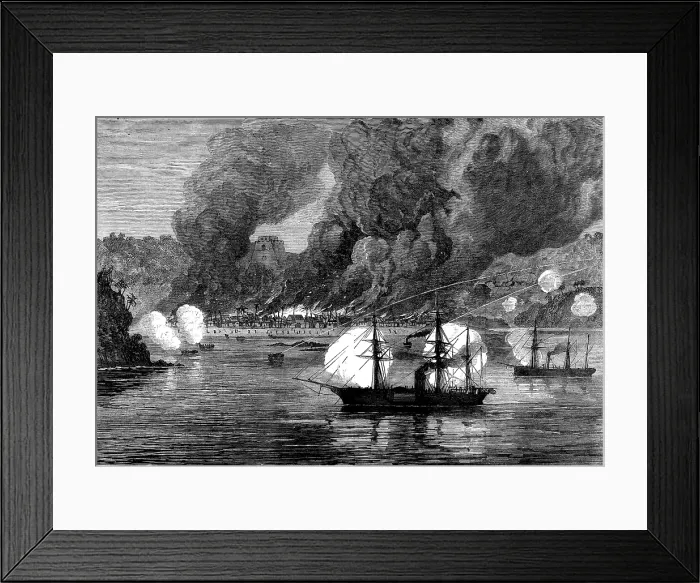 Framed Print : The War on the Gold Coast: bombardment of Bootry by H.M.S. Argus and decoy, 1873. Creator: Unknown Framed Print : The War on the Gold Coast: bombardment of Bootry by H.M.S. Argus and decoy, 1873. Creator: Unknown
