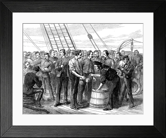 Framed Print : Life on board a troop-ship: serving out grog, 1873. Creator: Unknown Framed Print : Life on board a troop-ship: serving out grog, 1873. Creator: Unknown