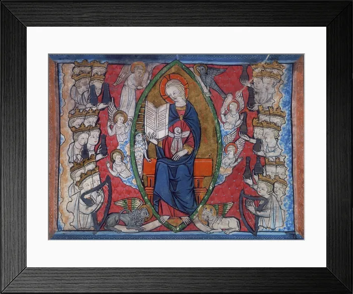 Framed Print : A seated woman surrounded by angels, 14th century. Creator: Unknown Framed Print : A seated woman surrounded by angels, 14th century. Creator: Unknown