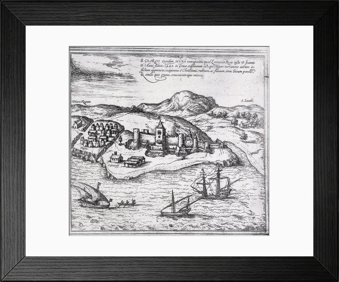 Framed Print : Map of Mina, West Africa, 1572. Creator: Franz Hogenberg Framed Print : Map of Mina, West Africa, 1572. Creator: Franz Hogenberg