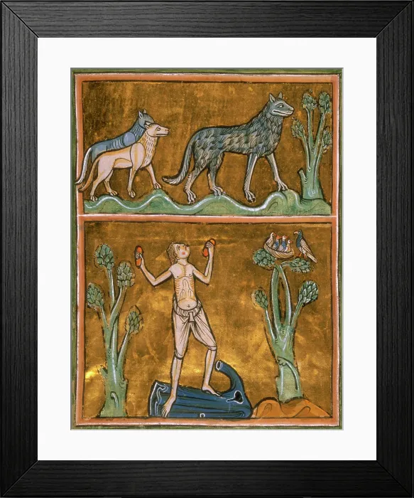 Framed Print : Wolves and semi-naked man, c1230. Creator: Unknown Framed Print : Wolves and semi-naked man, c1230. Creator: Unknown