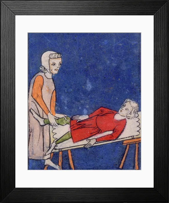 Framed Print : A woman setting a bone in a boy's leg, 14th century. Creator: Unknown. A woman setting a bone in a boy's leg, 14th century. Creator: Unknown Framed Print : A woman setting a bone in a boy's leg, 14th century. Creator: Unknown. A woman setting a bone in a boy's leg, 14th century. Creator: Unknown