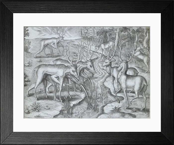 Framed Print : Indians using deer skins to hunt deer, 1591. Creator: Theodor de Bry Framed Print : Indians using deer skins to hunt deer, 1591. Creator: Theodor de Bry