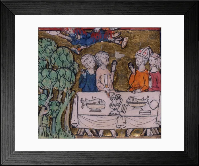 Framed Print : Seven hands appear from Heaven casting fire upon Moys, c1300-c1350. Creator: Unknown