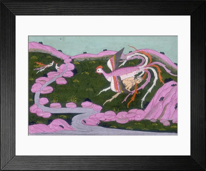Framed Print : The Simurgh carrying the infant Zal to her nest on Mount Alburz, 1742. Creator: Unknown Framed Print : The Simurgh carrying the infant Zal to her nest on Mount Alburz, 1742. Creator: Unknown