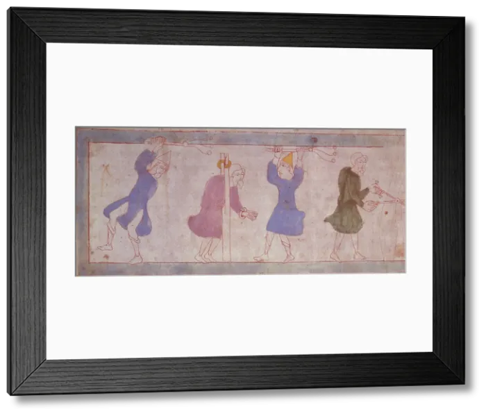 Framed Print : A man in the stocks being whipped, c1025-c1050. Creator: Unknown Framed Print : A man in the stocks being whipped, c1025-c1050. Creator: Unknown