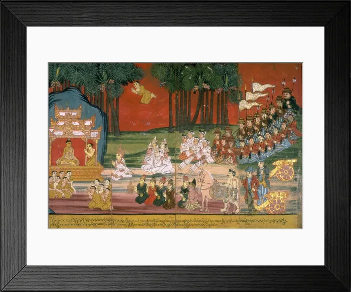 Framed Print : A king and his entourage kneel before Buddha, 19th century. Creator: Anon Framed Print : A king and his entourage kneel before Buddha, 19th century. Creator: Anon