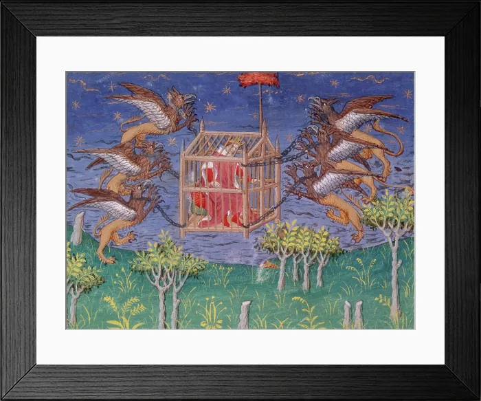 Framed Print : Alexander the Great, in a cage, being carried aloft by griffins, Paris, c1420-1425. Creator: Unknown Framed Print : Alexander the Great, in a cage, being carried aloft by griffins, Paris, c1420-1425. Creator: Unknown
