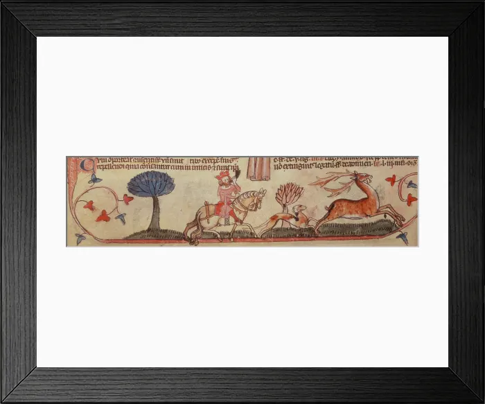 Framed Print : A king with his hunting dog, chasing a stag, c1300-c1325. Creator: Unknown Framed Print : A king with his hunting dog, chasing a stag, c1300-c1325. Creator: Unknown