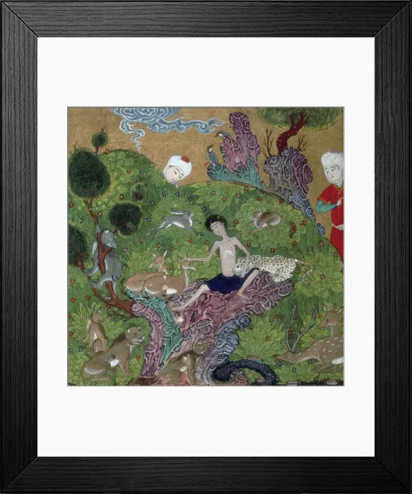 Framed Print : Majnun in the desert among the wild beasts, 1500. Creator: Unknown Framed Print : Majnun in the desert among the wild beasts, 1500. Creator: Unknown