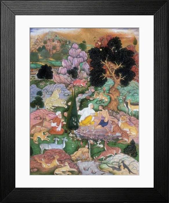 Framed Print : Majnun visited in the desert by his mother and Salim, 1595. Creator: Sanwlah Framed Print : Majnun visited in the desert by his mother and Salim, 1595. Creator: Sanwlah