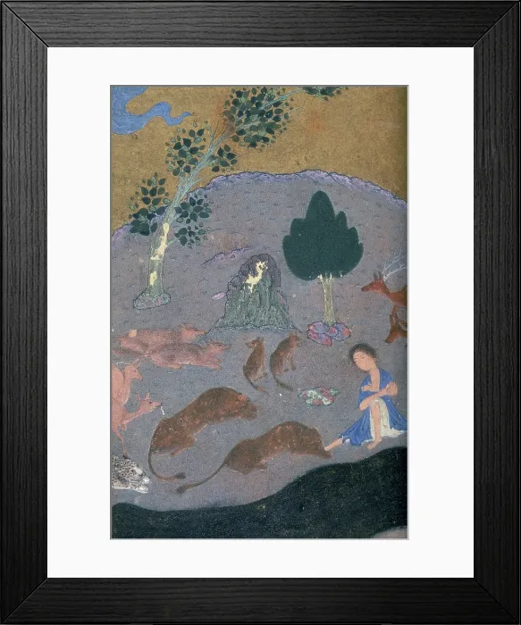 Framed Print : Majnun in the desert with the animals, c1410-c1411. Creator: Unknown Framed Print : Majnun in the desert with the animals, c1410-c1411. Creator: Unknown