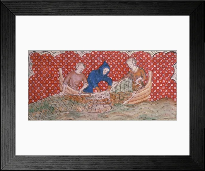 Framed Print : Three fishermen hauling in their catch, c1300-c1325. Creator: Unknown Framed Print : Three fishermen hauling in their catch, c1300-c1325. Creator: Unknown