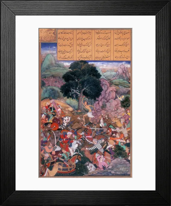 Framed Print : Battle of the tribes watched by Majnun who is holding a rock, 1595. Creator: Nanha Framed Print : Battle of the tribes watched by Majnun who is holding a rock, 1595. Creator: Nanha
