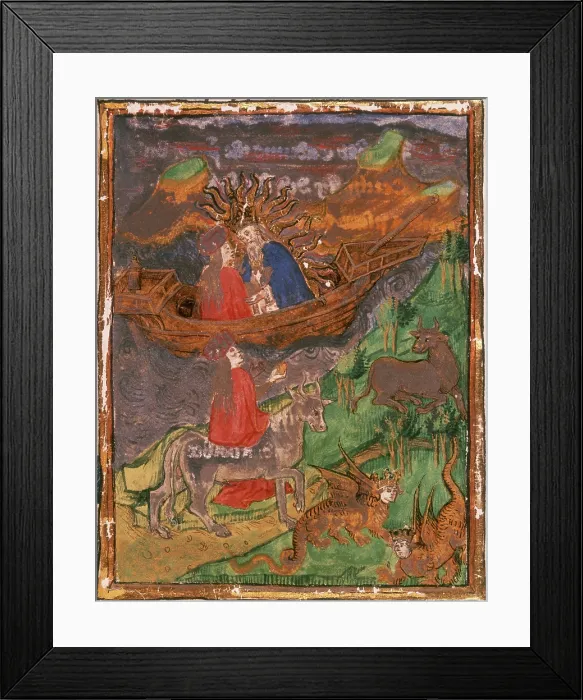 Framed Print : Jove, surrounded by the sun's rays, sits in boat with Europa, 1450. Creator: Unknown. Jove, surrounded by the sun's rays, sits in boat with Europa, 1450. Creator: Unknown Framed Print : Jove, surrounded by the sun's rays, sits in boat with Europa, 1450. Creator: Unknown. Jove, surrounded by the sun's rays, sits in boat with Europa, 1450. Creator: Unknown