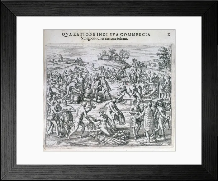 Framed Print : An Indian market near the port of Carthagena, America, 1595. Creator: Theodor de Bry Framed Print : An Indian market near the port of Carthagena, America, 1595. Creator: Theodor de Bry