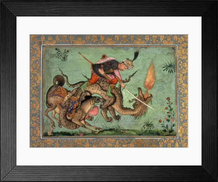 Framed Print : Rustam and his horse Rahksh fighting a dragon. 1640-1660. Creator: Unknown Framed Print : Rustam and his horse Rahksh fighting a dragon. 1640-1660. Creator: Unknown