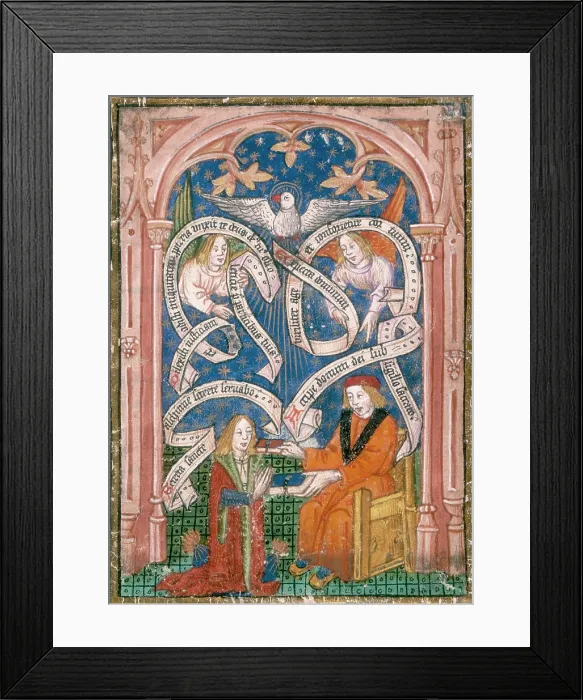 Framed Print : An alchemical disciple receives a book from his master, c1477. Creator: Unknown Framed Print : An alchemical disciple receives a book from his master, c1477. Creator: Unknown