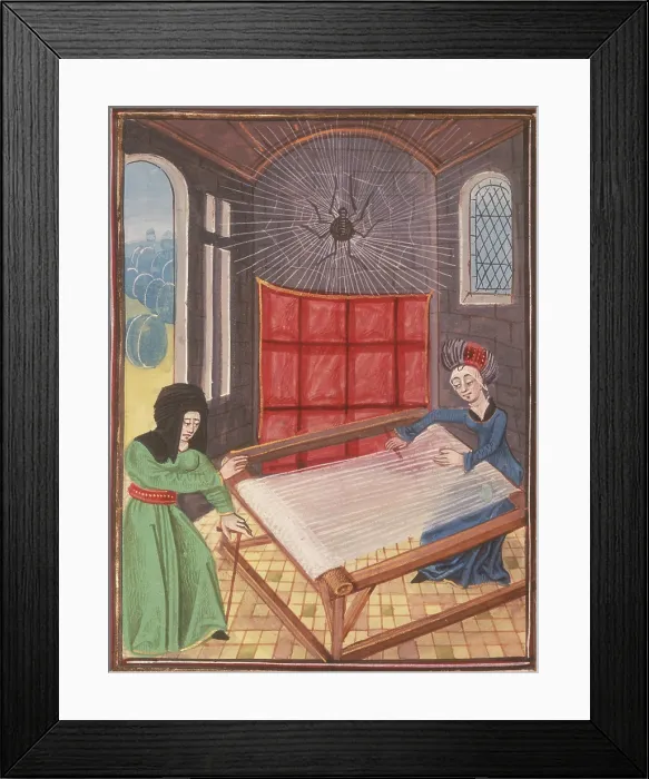 Framed Print : Arachne at her loom, visited by Athena disguised as an old woman, late 15th century. Creator: Unknown Framed Print : Arachne at her loom, visited by Athena disguised as an old woman, late 15th century. Creator: Unknown