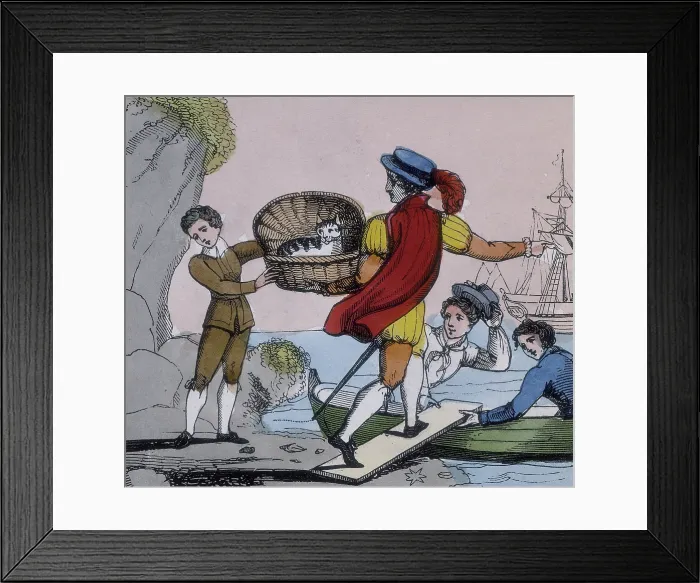 Framed Print : Dick Whittington handing over his cat to the captain of a ship, 1845. Creator: Unknown Framed Print : Dick Whittington handing over his cat to the captain of a ship, 1845. Creator: Unknown