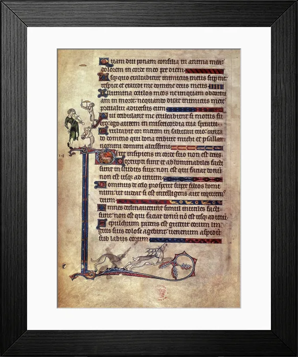 Framed Print : Musician and monkeys; dog chasing a stag, 1284-c1316. Creator: Unknown Framed Print : Musician and monkeys; dog chasing a stag, 1284-c1316. Creator: Unknown