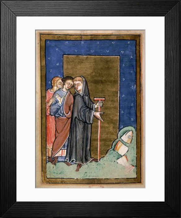 Framed Print : St Cuthbert shows a dolphin sliced in three and ready for cooking, 1200. Creator: Unknown Framed Print : St Cuthbert shows a dolphin sliced in three and ready for cooking, 1200. Creator: Unknown