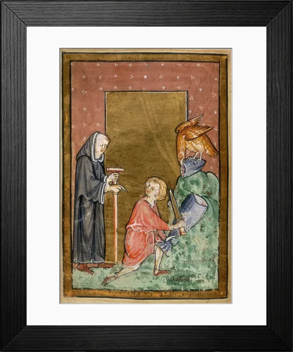 Framed Print : An eagle provides Cuthbert with a fish, and is duly given a share, 1200. Creator: Unknown Framed Print : An eagle provides Cuthbert with a fish, and is duly given a share, 1200. Creator: Unknown