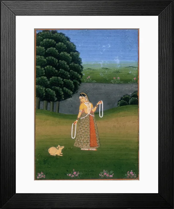 Framed Print : A woman in a garden, beckoning a cowering animal, (c17th-c18th century?). Creator: Unknown Framed Print : A woman in a garden, beckoning a cowering animal, (c17th-c18th century?). Creator: Unknown