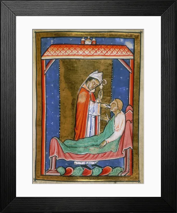 Framed Print : Cuthbert healing an ill man, last quarter of the 12th century. Creator: Unknown Framed Print : Cuthbert healing an ill man, last quarter of the 12th century. Creator: Unknown