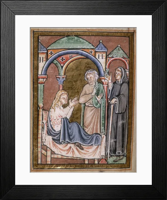 Framed Print : St Cuthbert drives out a devil from the wife of Hildemer, a prefect of King Ecgfrid, 1200. Creator: Unknown Framed Print : St Cuthbert drives out a devil from the wife of Hildemer, a prefect of King Ecgfrid, 1200. Creator: Unknown