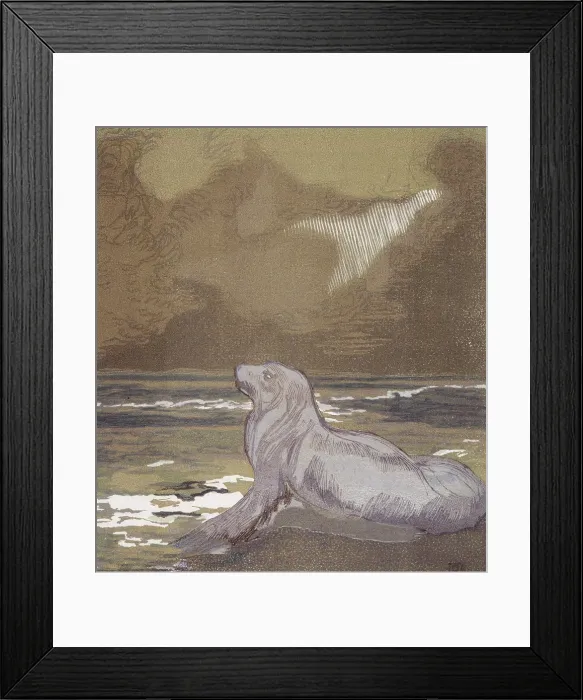 Framed Print : A white seal by the water; scene from 'The Jungle Book', 1919. Creator: Paul Jouve Framed Print : A white seal by the water; scene from 'The Jungle Book', 1919. Creator: Paul Jouve