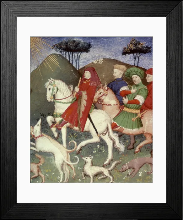 Framed Print : Noblemen on horseback with their dogs, 15th century. Creator: Unknown Framed Print : Noblemen on horseback with their dogs, 15th century. Creator: Unknown