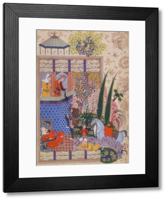 Framed Print : Zal climbing up to the balcony of Rudab, c1590-c1595. Creator: Unknown Framed Print : Zal climbing up to the balcony of Rudab, c1590-c1595. Creator: Unknown