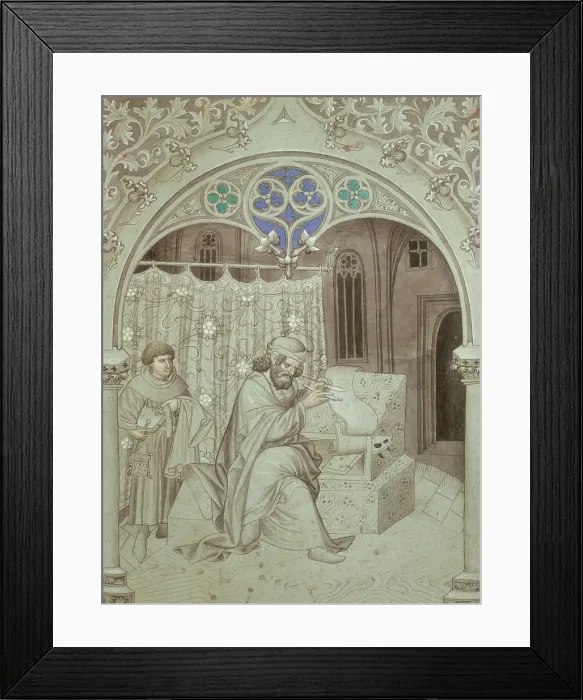 Framed Print : Sir John Mandeville writing an account of his voyage, c1410-c1420. Creator: Master of the Mandeville Travels Framed Print : Sir John Mandeville writing an account of his voyage, c1410-c1420. Creator: Master of the Mandeville Travels