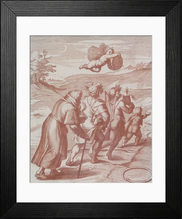 Framed Print : Four figures in a landscape being guided by a cherub in the sky, 1777. Creator: Unknown Framed Print : Four figures in a landscape being guided by a cherub in the sky, 1777. Creator: Unknown