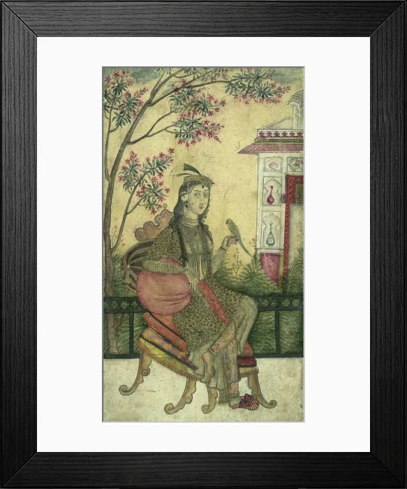 Framed Print : Portrait of a woman, seated, holding a small bird. Creator: Unknown Framed Print : Portrait of a woman, seated, holding a small bird. Creator: Unknown