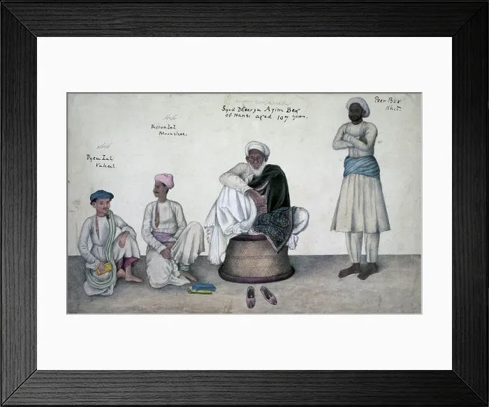 Framed Print : Saiyid Mirza Azim Beg of Hansi seated on a cane-stool with Dai Lal Vakil Kisan, c1815-c1827. Creator: Ghulam Ali Khan Framed Print : Saiyid Mirza Azim Beg of Hansi seated on a cane-stool with Dai Lal Vakil Kisan, c1815-c1827. Creator: Ghulam Ali Khan