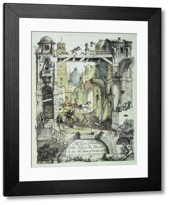 Framed Print : The Lord Munodi takes him in his chariot to see the town of Lagado, 1931. Creator: Rex Whistler Framed Print : The Lord Munodi takes him in his chariot to see the town of Lagado, 1931. Creator: Rex Whistler