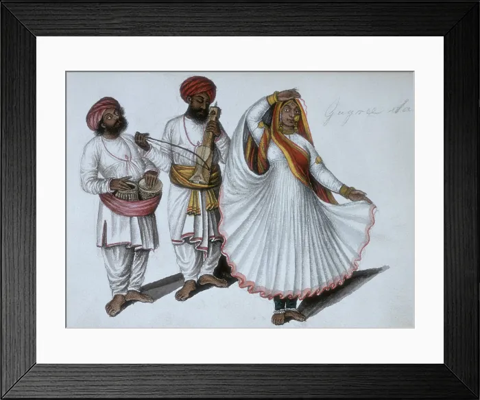 Framed Print : A dancing girl performing the gagri dance with two musicians, 1856. Creator: Unknown. A dancing girl performing the gagri dance with two musicians, 1856 Framed Print : A dancing girl performing the gagri dance with two musicians, 1856. Creator: Unknown. A dancing girl performing the gagri dance with two musicians, 1856