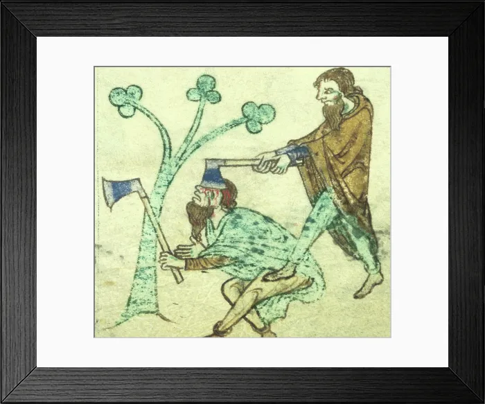 Framed Print : Miniature of one man killing another with his axe, c1220. Creator: Unknown Framed Print : Miniature of one man killing another with his axe, c1220. Creator: Unknown