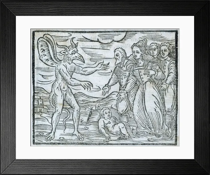 Framed Print : Sorcerers presenting a child to the devil, 1608. Creator: Unknown