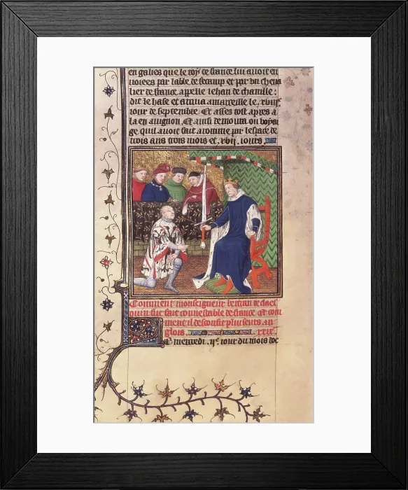 Framed Print : King Charles V of France presenting the sword of Constable of France to Bertrand du Guesclin, c1415. Creator: Workshop of the Boucicaut Master Framed Print : King Charles V of France presenting the sword of Constable of France to Bertrand du Guesclin, c1415. Creator: Workshop of the Boucicaut Master