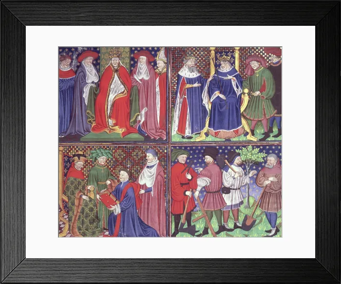 Framed Print : Pope enthroned, King of France enthroned, the Duc de Berry, a group of labourers, c1450. Creator: Unknown Framed Print : Pope enthroned, King of France enthroned, the Duc de Berry, a group of labourers, c1450. Creator: Unknown