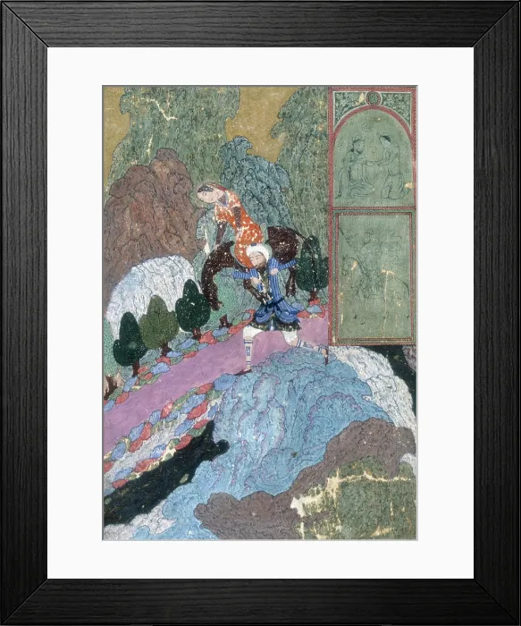 Framed Print : Farhad carrying Shirin and her horse across the stream, c1410-c1411. Creator: Unknown Framed Print : Farhad carrying Shirin and her horse across the stream, c1410-c1411. Creator: Unknown
