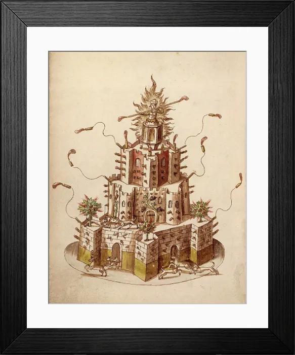 Framed Print : Firework display celebrating the marriage of Princess Elizabeth, c1613. Creator: Unknown Framed Print : Firework display celebrating the marriage of Princess Elizabeth, c1613. Creator: Unknown