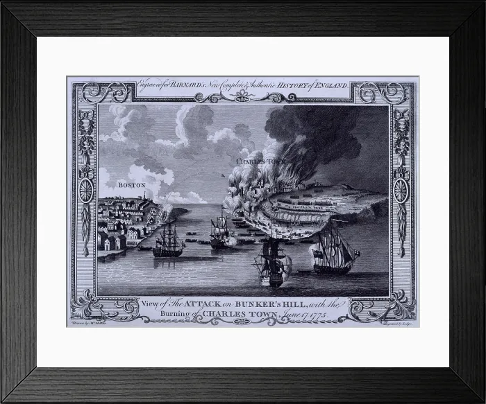 Framed Print : The Battle of Bunker Hill and the burning of Charlestown, America, on 17 June 1775, (c1775?). Creator: Lodge Framed Print : The Battle of Bunker Hill and the burning of Charlestown, America, on 17 June 1775, (c1775?). Creator: Lodge
