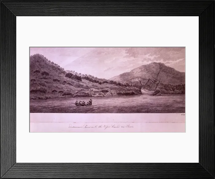 Framed Print : Endeavours River with the Vessel hauled on the Shore, 1770, (late 18th century). Creator: William Byrne
