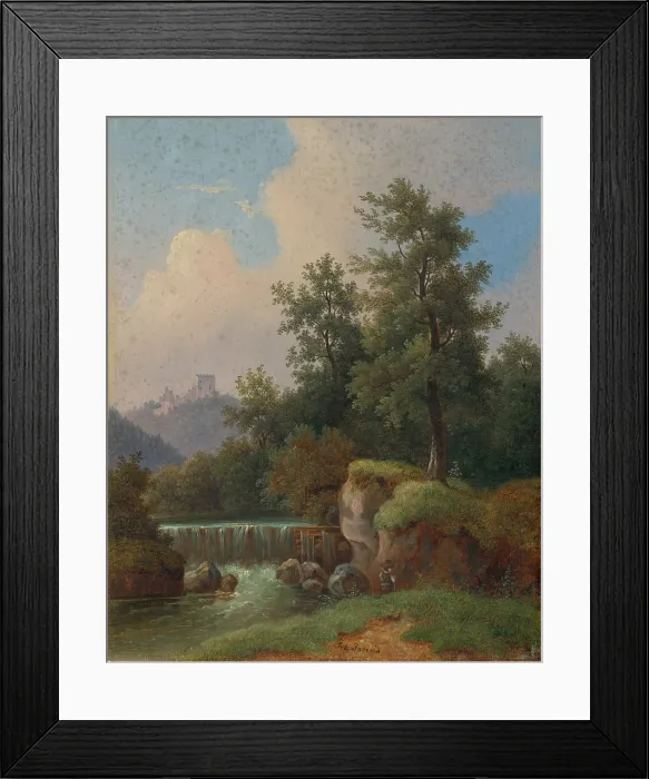 Framed Print : Landscape with castle and dam, 1850-1860. Creator: Josef Jonas Framed Print : Landscape with castle and dam, 1850-1860. Creator: Josef Jonas