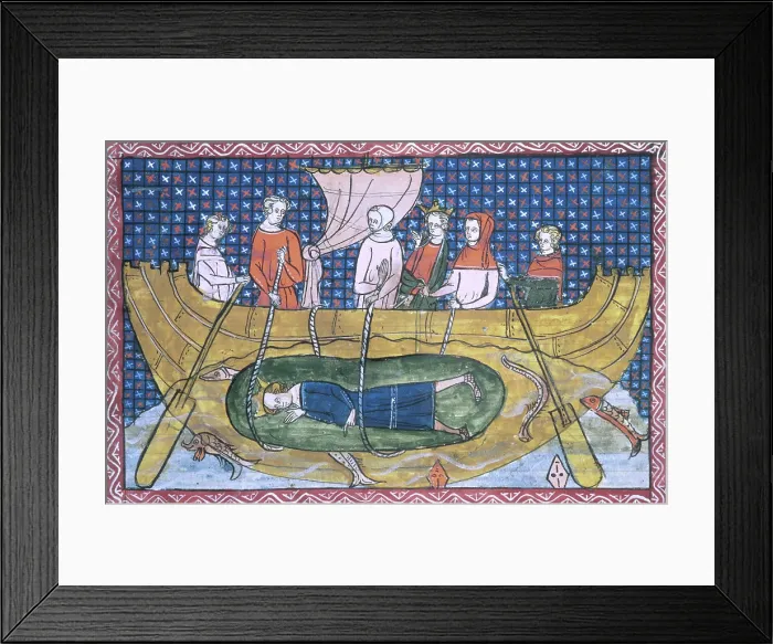 Framed Print : Alexander the Great lowered into the sea in a glass bell, 1350. Creator: Unknown Framed Print : Alexander the Great lowered into the sea in a glass bell, 1350. Creator: Unknown